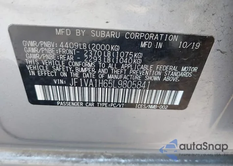 2020 Subaru Wrx Limited from USA, damaged, VIN JF1VA1H65L9805841